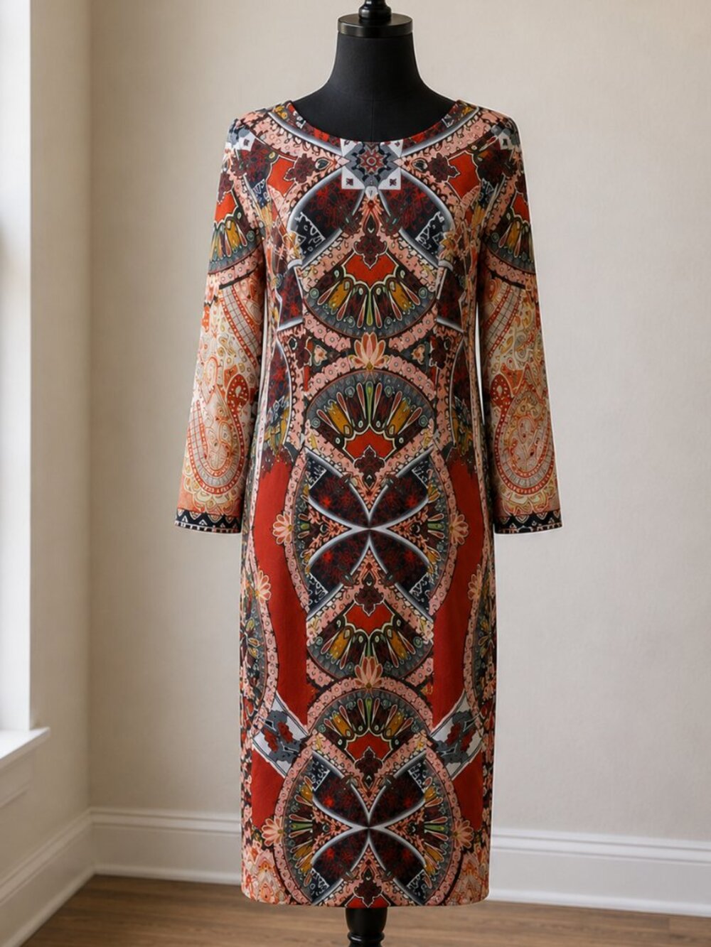 Etcetera Red Paisley Print Long Sleeve Midi Dress Size 2 NWT